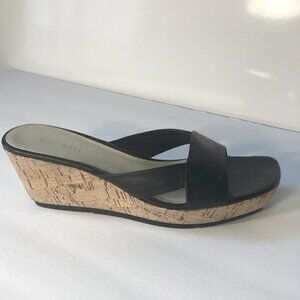 Nine West SZ 9N black leather slide cork platform wedge sandal